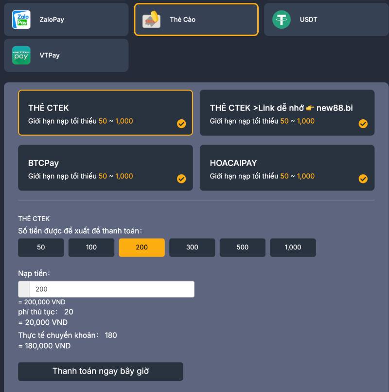 Nạp bằng thẻ cào điện thoại