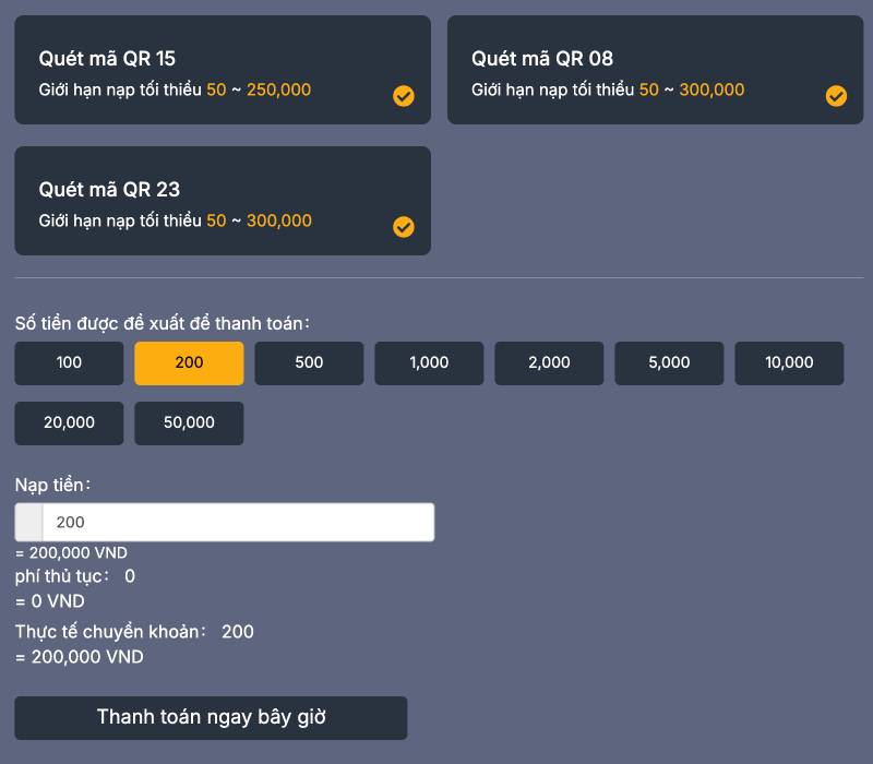 Nạp tiền bằng quét mã QR ngân hàng
