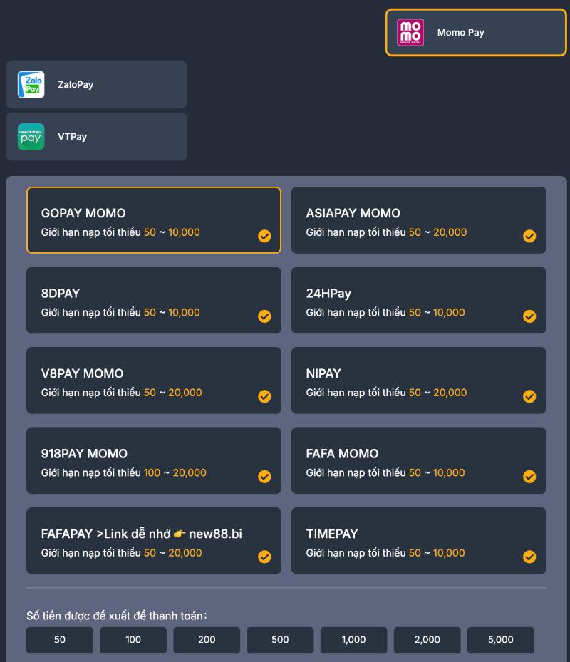 Nạp tiền bằng ví điện tử (MoMo, ZaloPay, ViettelPay)